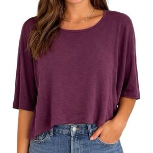 NATION LTD Plum Purple Cropped Lightweight Boxy Dolman Tee Made in USA One Size